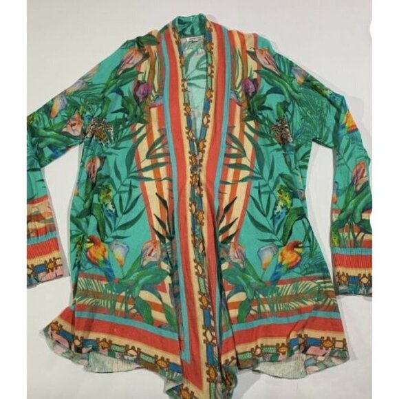 Johnny Was Sweaters - Johnny Was Womens Parrot Bird Tropical Hawaiian Duster Cardigan Large Blue NEW